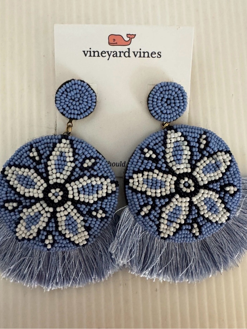 Vineyard Vines Light Blue, White and Black Beaded Floral Fringe Earrings